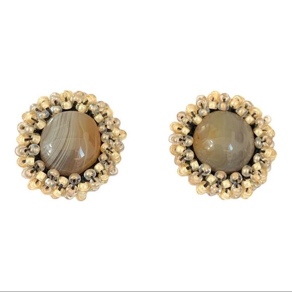 Hand beaded delicate small banded agate  round earrings .75” diameter NOS - Picture 1 of 10